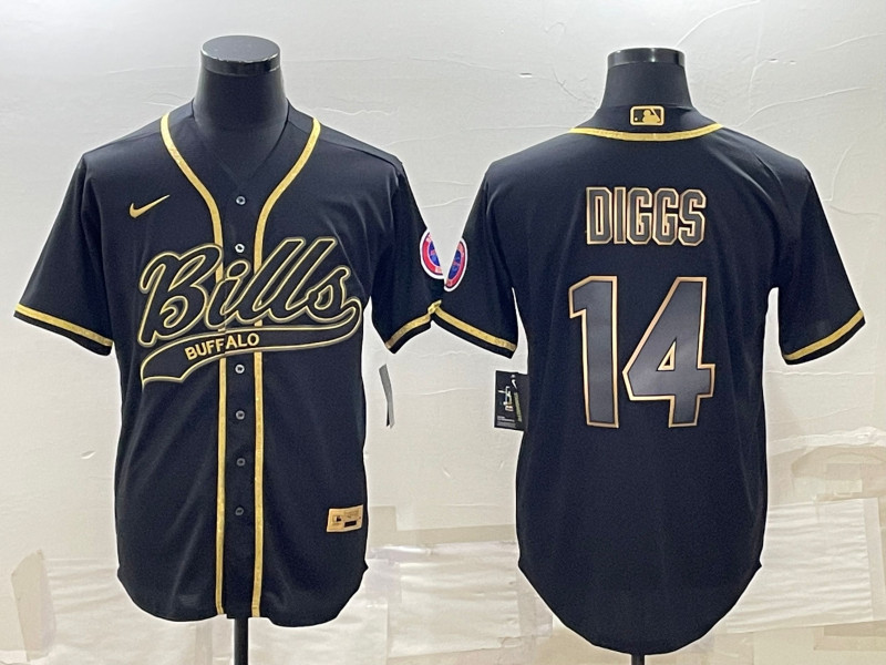 Men's Buffalo Bills #14 Stefon Diggs Black Gold With Patch Cool Base Stitched Baseball Jersey